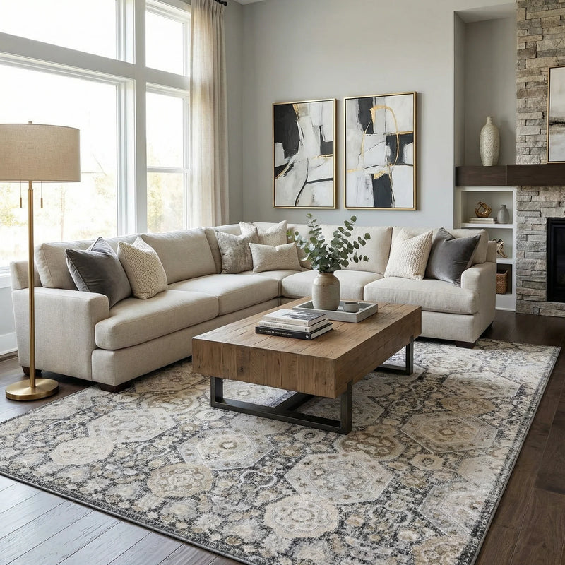 Living room with a neutral rug