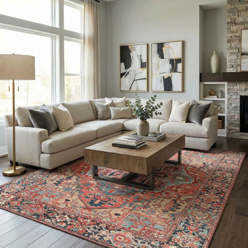 The same living room with a Pierre-recommended rug placed